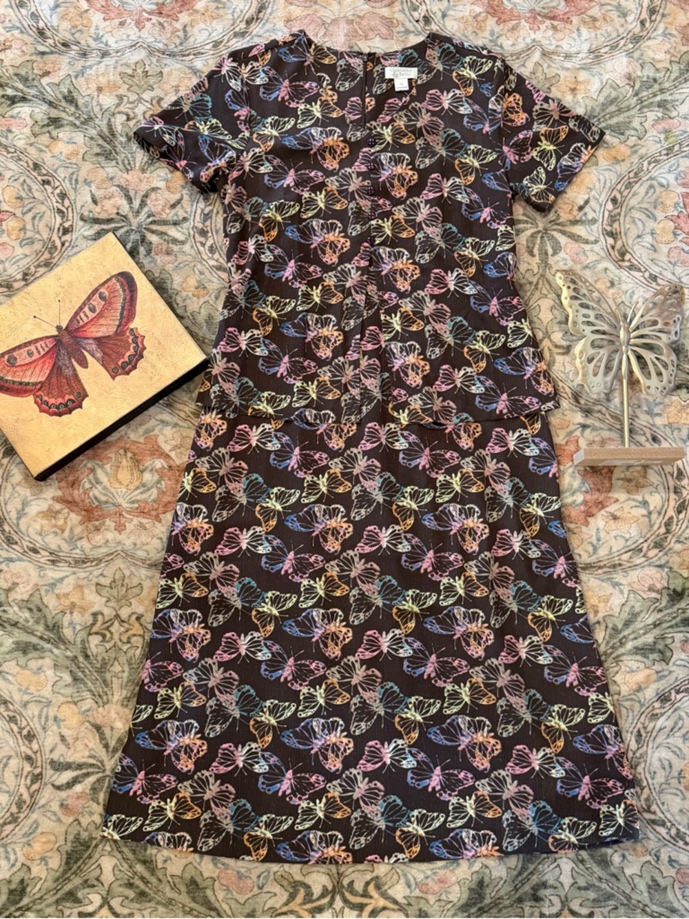 Y2K Butterfly Print Button Front Modest Dress Sz10